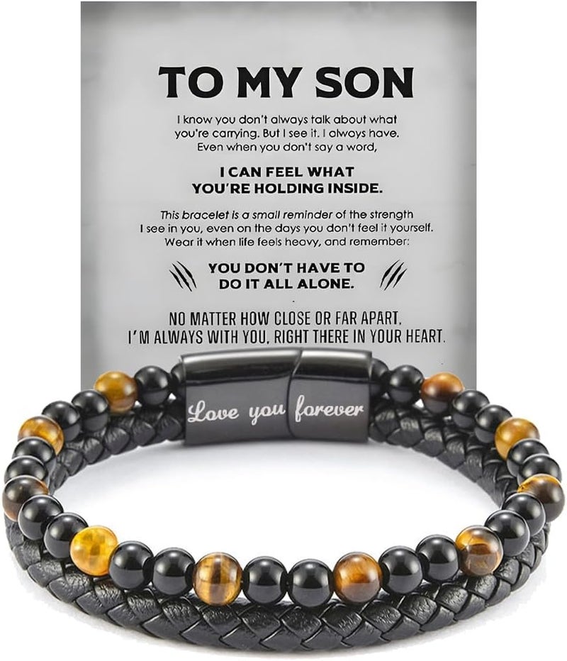 DivaGlamz The Guardian - Son's Tiger Eye Protection Bracelet From Mom, Black Braided Leather natural stone Inspirational Bracelets Engraved Love You Forever Birthday Gift Jewelry - Image 1